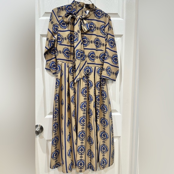 Dainty Jewells Tan and Blue Elegant Dress - Picture 1 of 5